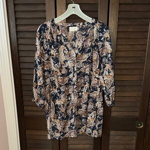 MELLODAY Navy and Tan Paisley Long Sleeve Dress/Tunic